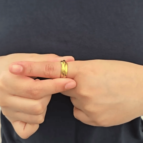 Bewegende animatie van de Trinity fidget ring die demonstreert hoe de drie RVS banden soepel over elkaar heen rollen.
