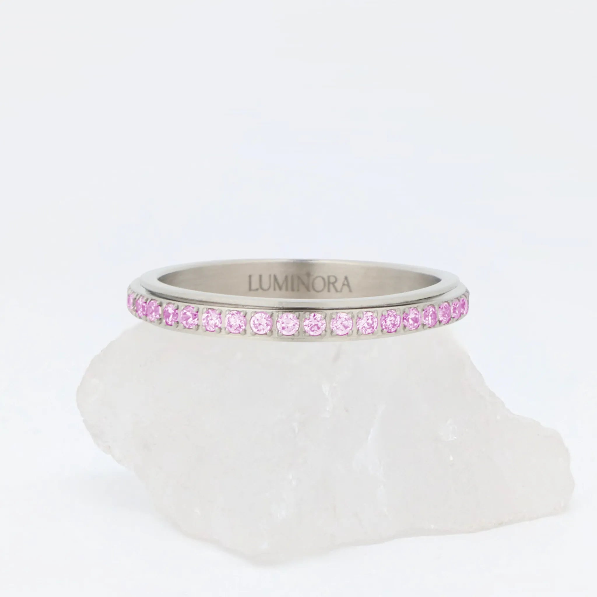 Elina fidget ring van edelstaal met fonkelende roze kristallen – Luminora