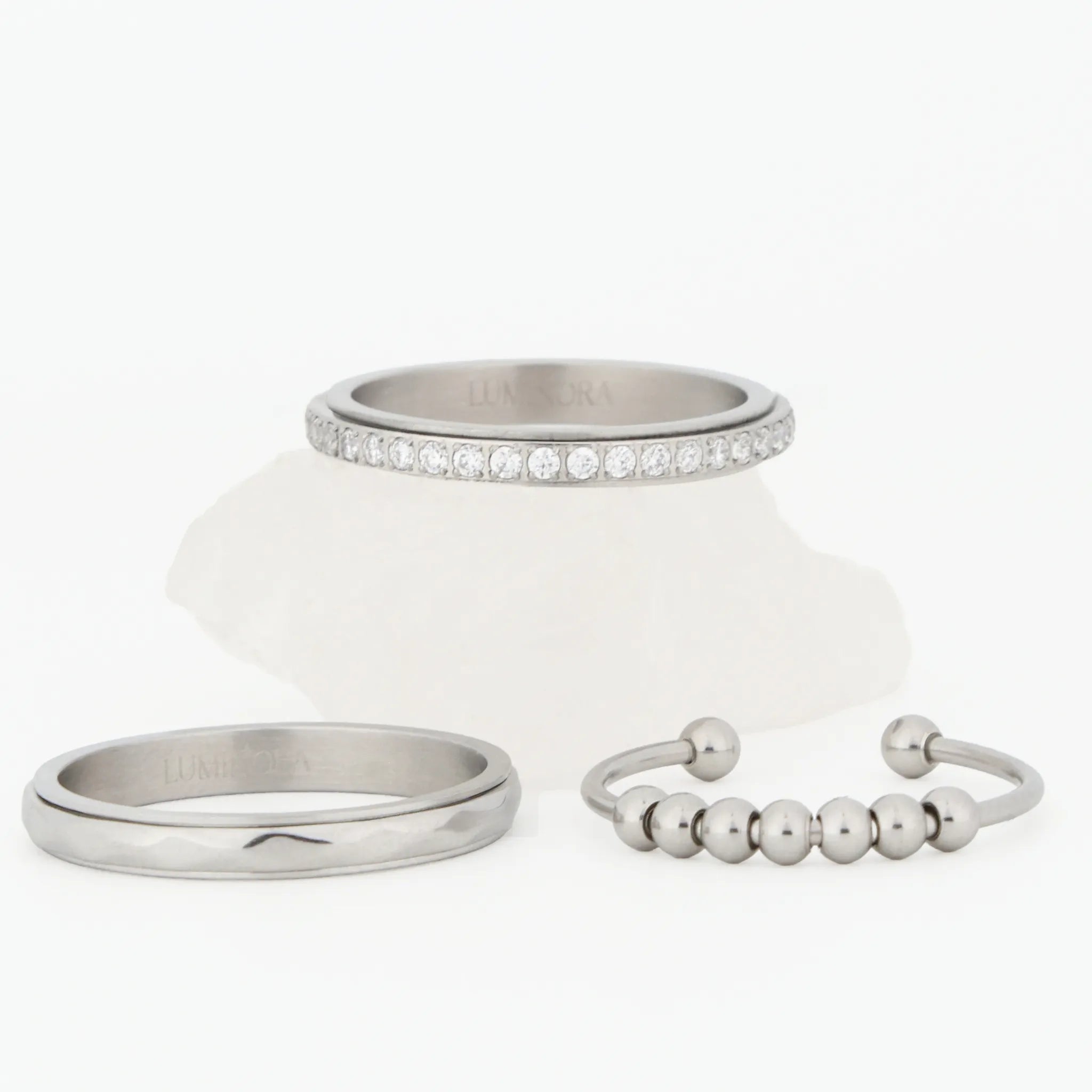 Essentials Bundel met Haven, Amara en Bead fidget ringen van stainless steel, minimalistische zilverkleurige set – Luminora
