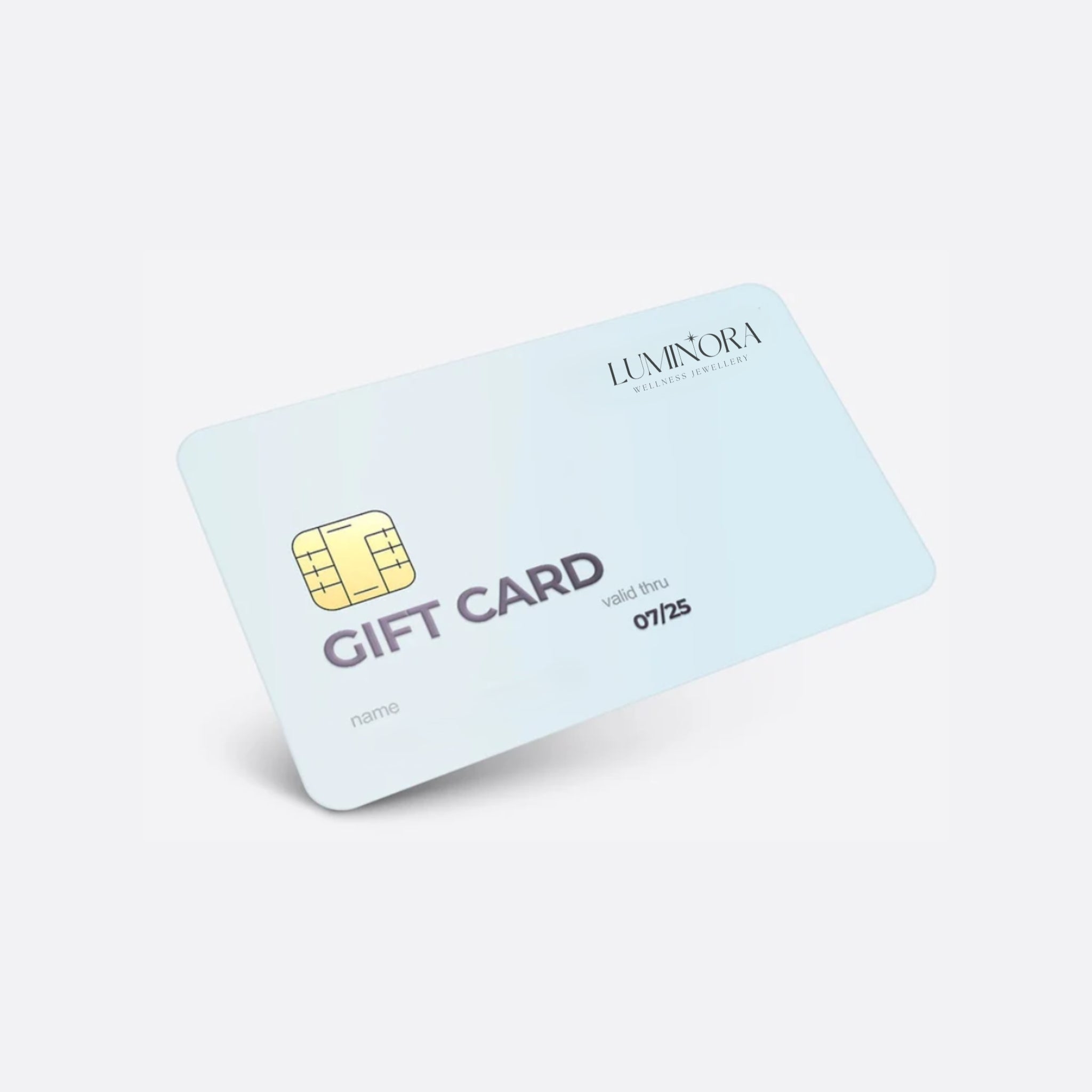 Luminora giftcard voor wellness sieraden en fidget ringen, lichtblauwe cadeaubon met chip, perfect cadeau voor rust en balans