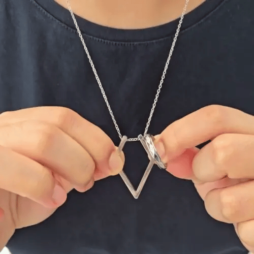 Bewegende animatie die laat zien hoe eenvoudig je een ring veilig aan de hanger van de Ring Keeper ketting kunt vastmaken.