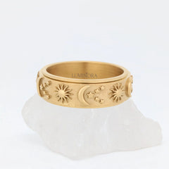 Luminora Cosmic Ring Goud - Fidget Ring van Edelstaal met Zon, Maan en Sterren