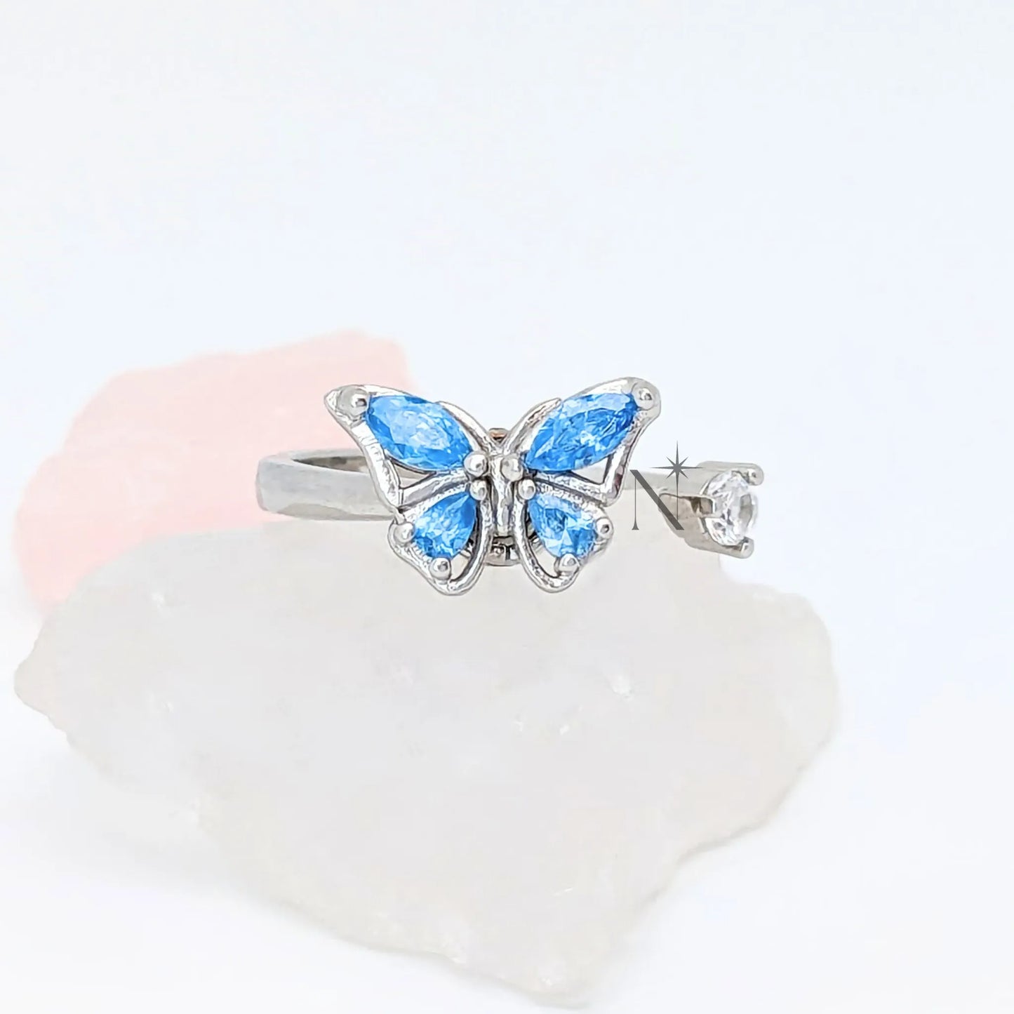 Luminora Crystal Butterfly Ring Zilveren verstelbare fidget ring met blauwe draaibare vilnder