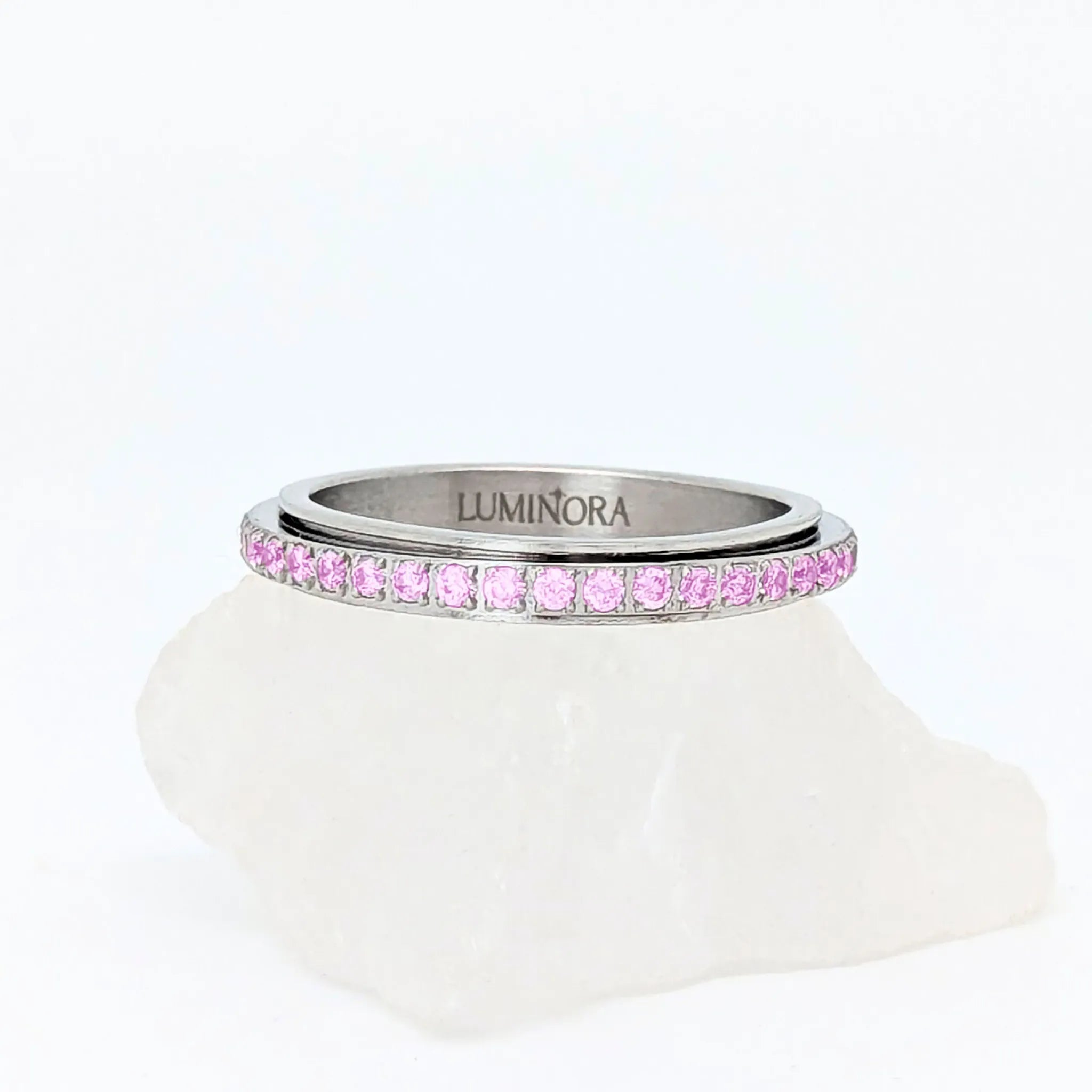 Elina fidget ring van edelstaal met fonkelende roze kristallen – Luminora