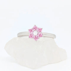 Zilverkleurige Petal fidget ring met een bloemvorm van heldere roze steentjes, gepresenteerd op een witte steen.